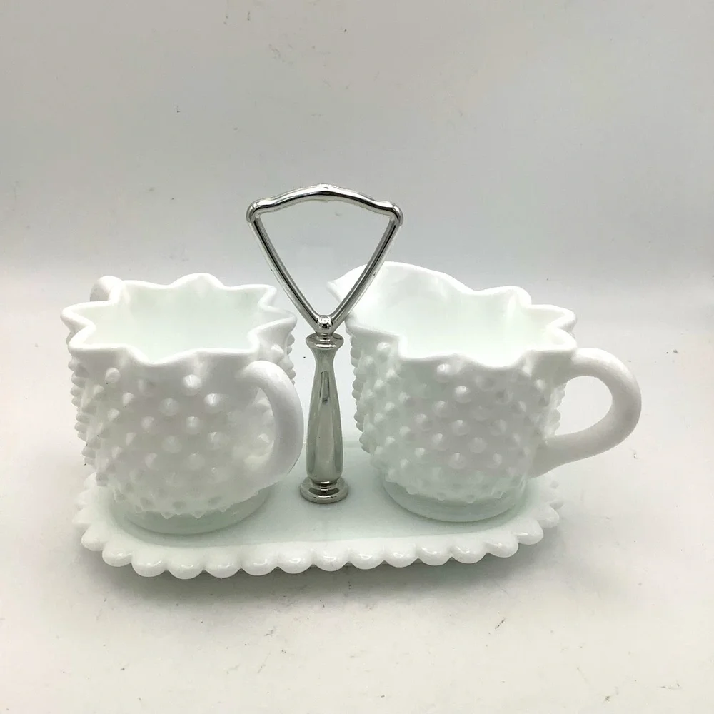 White Hobnail Milk Glass Creamer and Sugar Set